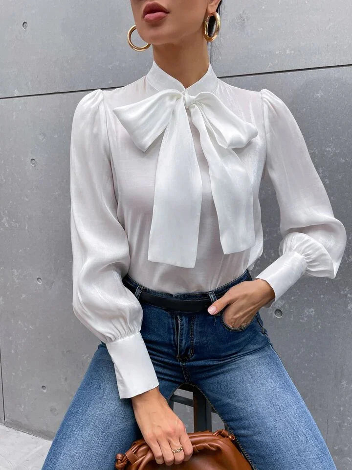 French Style Tie Neck Puff Sleeve Satin Blouse - LA FEMME WANDERER
