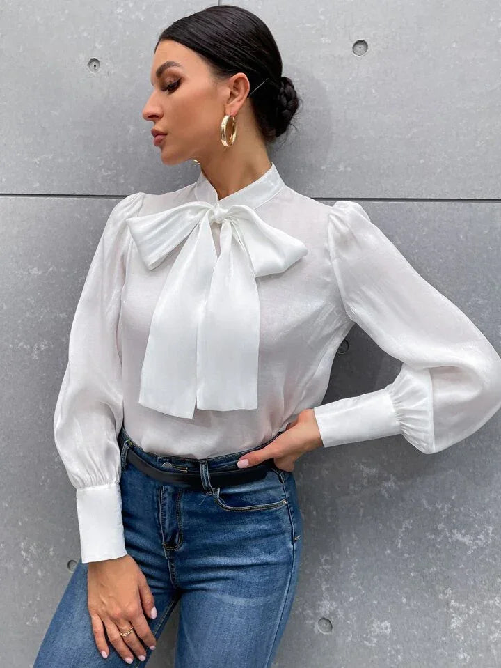 French Style Tie Neck Puff Sleeve Satin Blouse - LA FEMME WANDERER