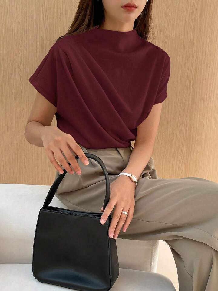 Casual Chic Solid Color Funnel Neck Blouse - LA FEMME WANDERER