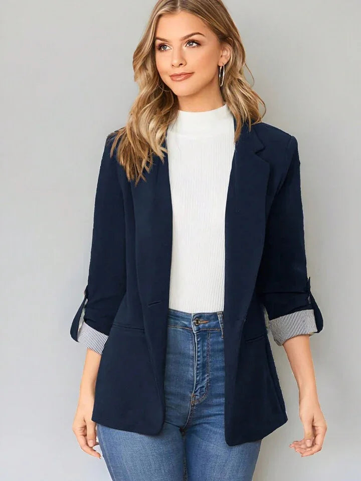 Lapel Notch Collar Roll Tab Sleeve Blazer - LA FEMME WANDERER
