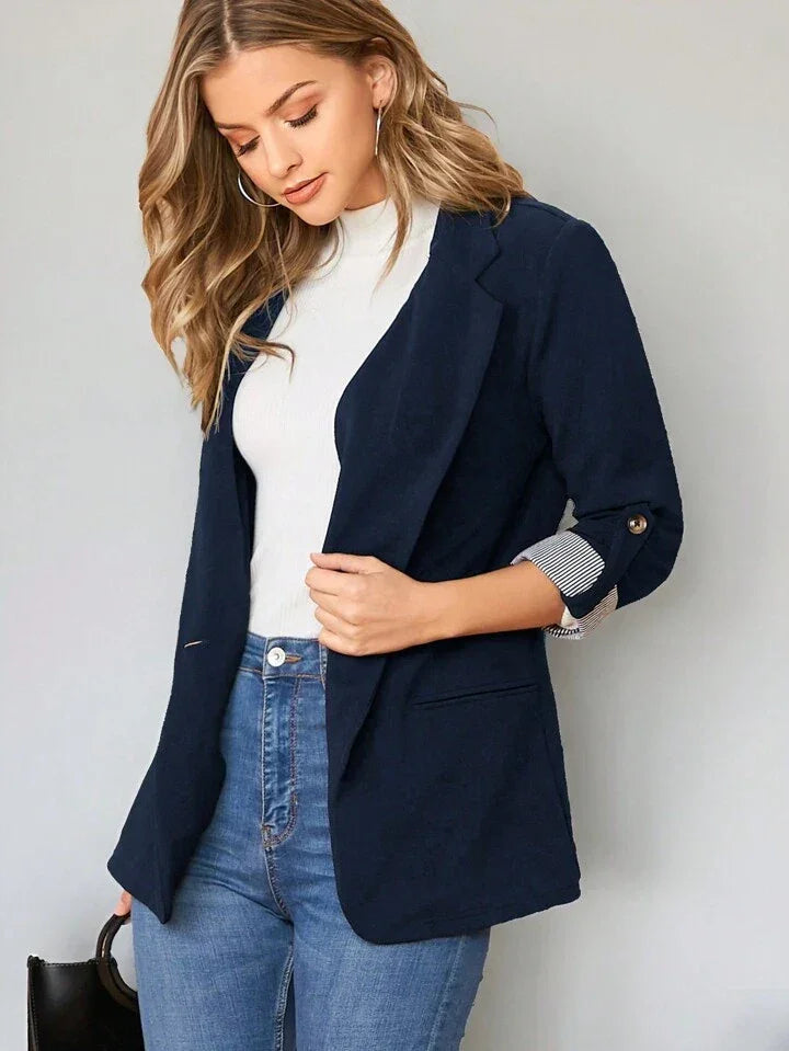 Lapel Notch Collar Roll Tab Sleeve Blazer - LA FEMME WANDERER