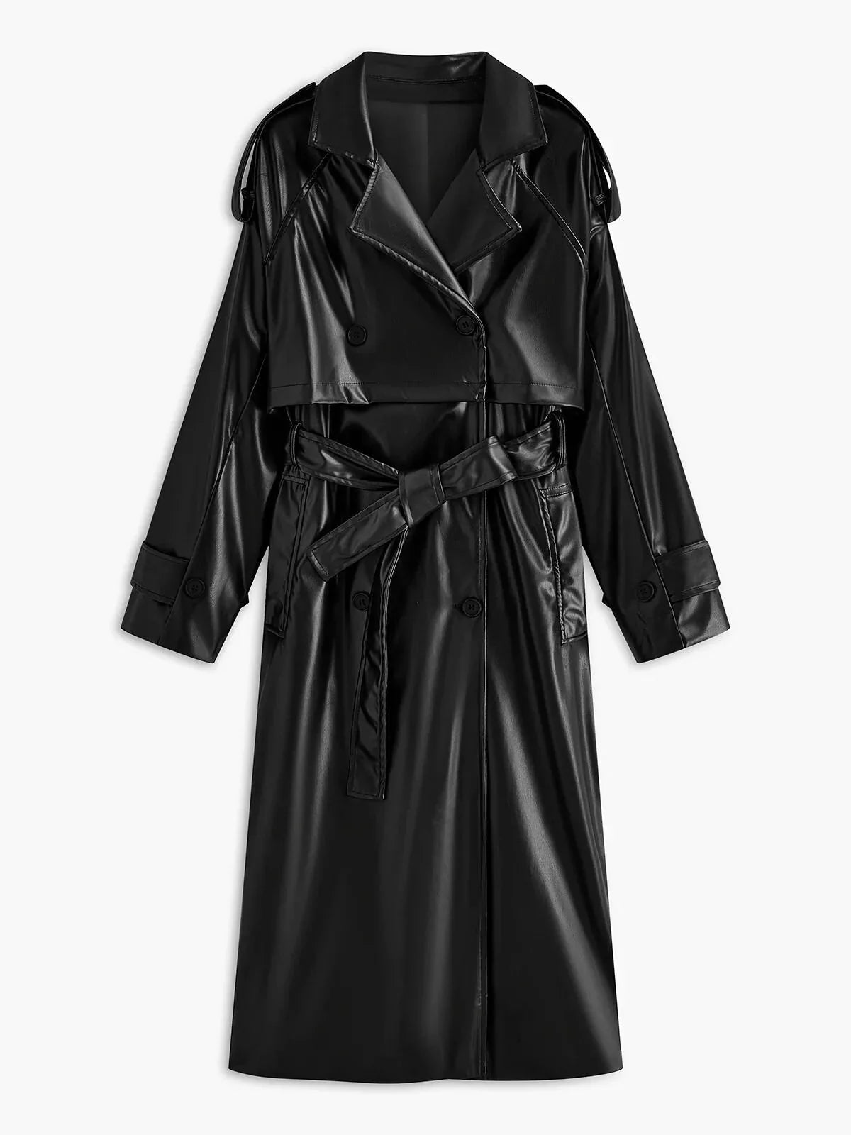 Belted Faux Leather Long Jacket - LA FEMME WANDERER