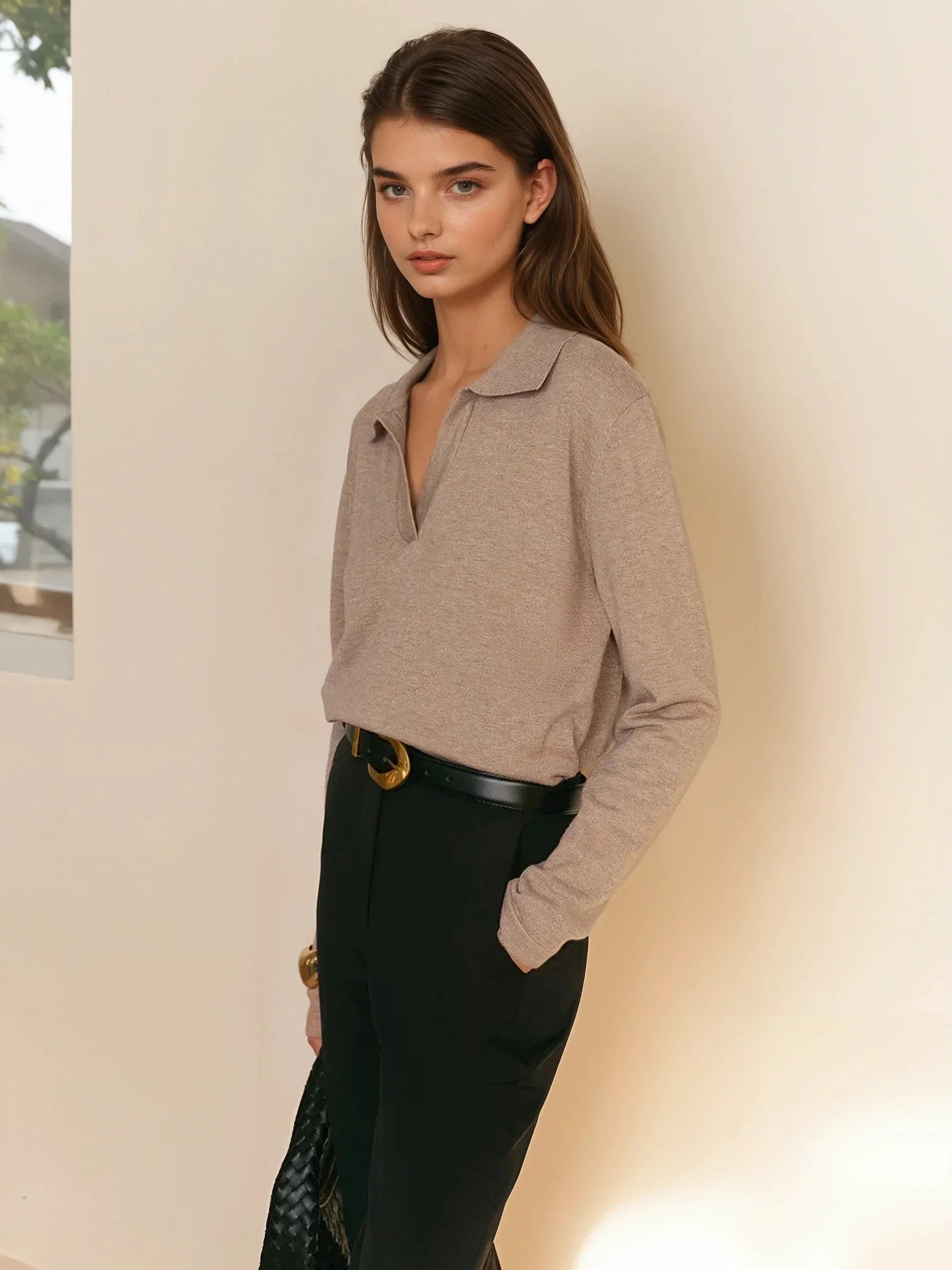 Solid Color Lapel Sweater Temperament Elegant Long Sleeve Retro - LA FEMME WANDERER