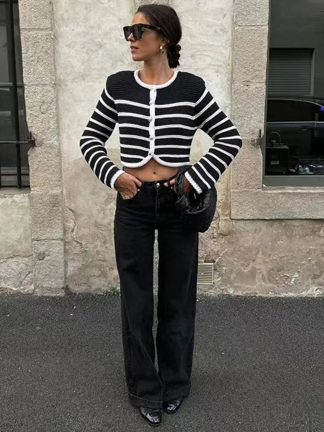 Round Neck Striped Buckle Sweater Cardigan Coat - LA FEMME WANDERER