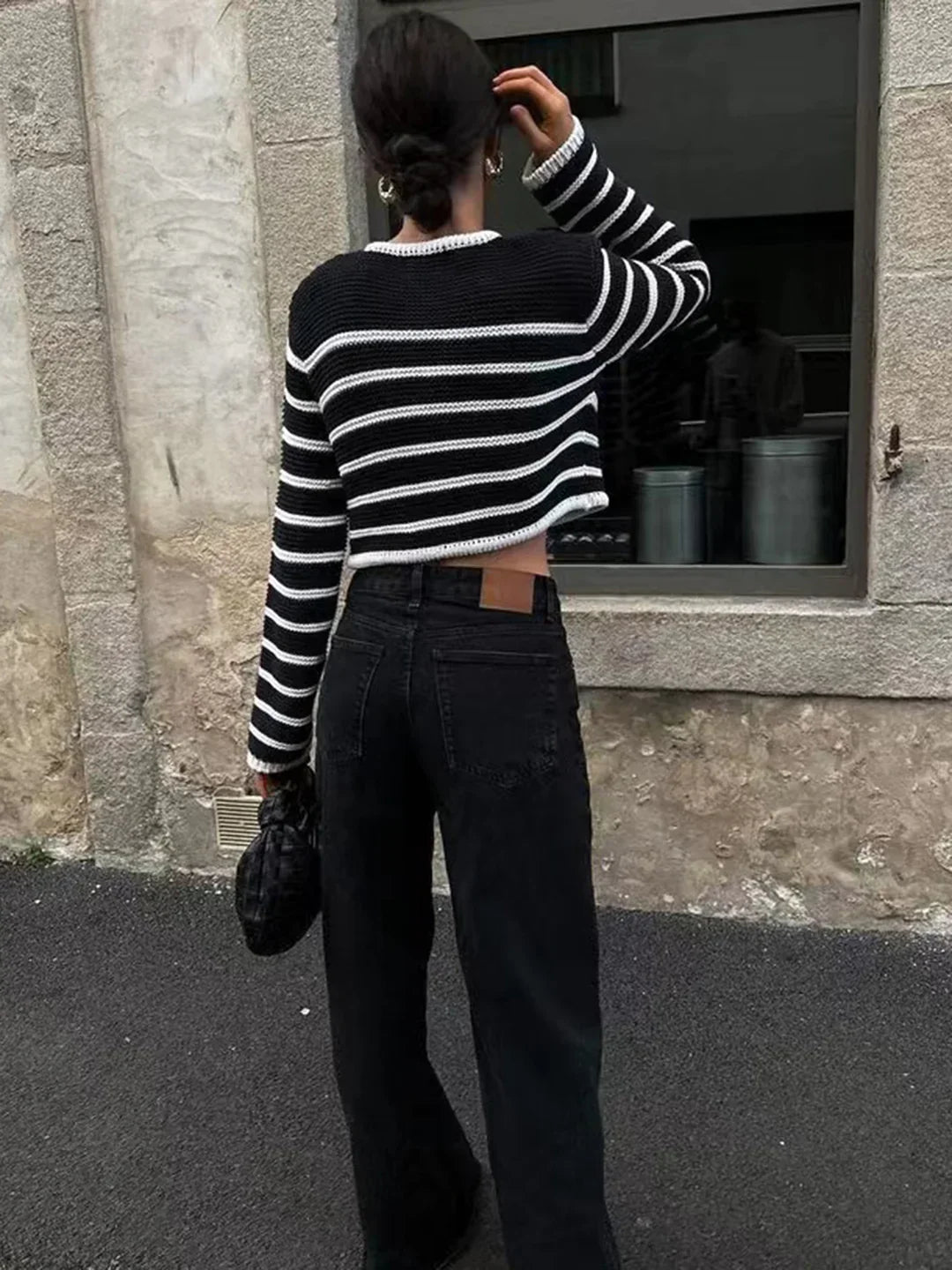 Round Neck Striped Buckle Sweater Cardigan Coat - LA FEMME WANDERER