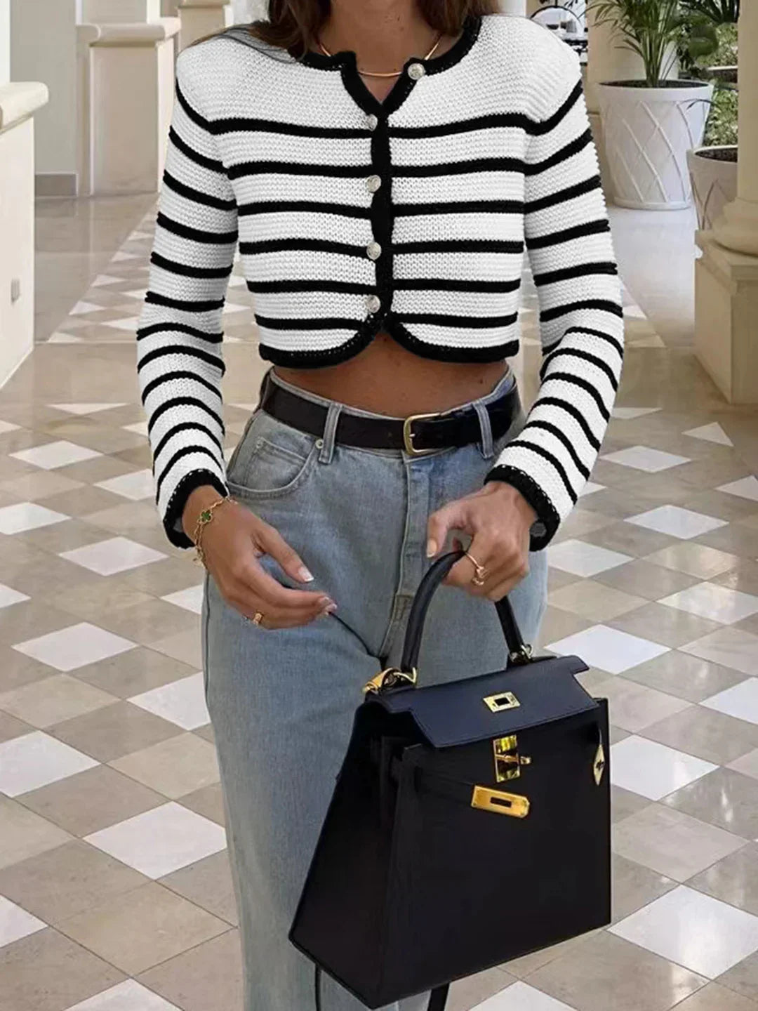 Round Neck Striped Buckle Sweater Cardigan Coat - LA FEMME WANDERER