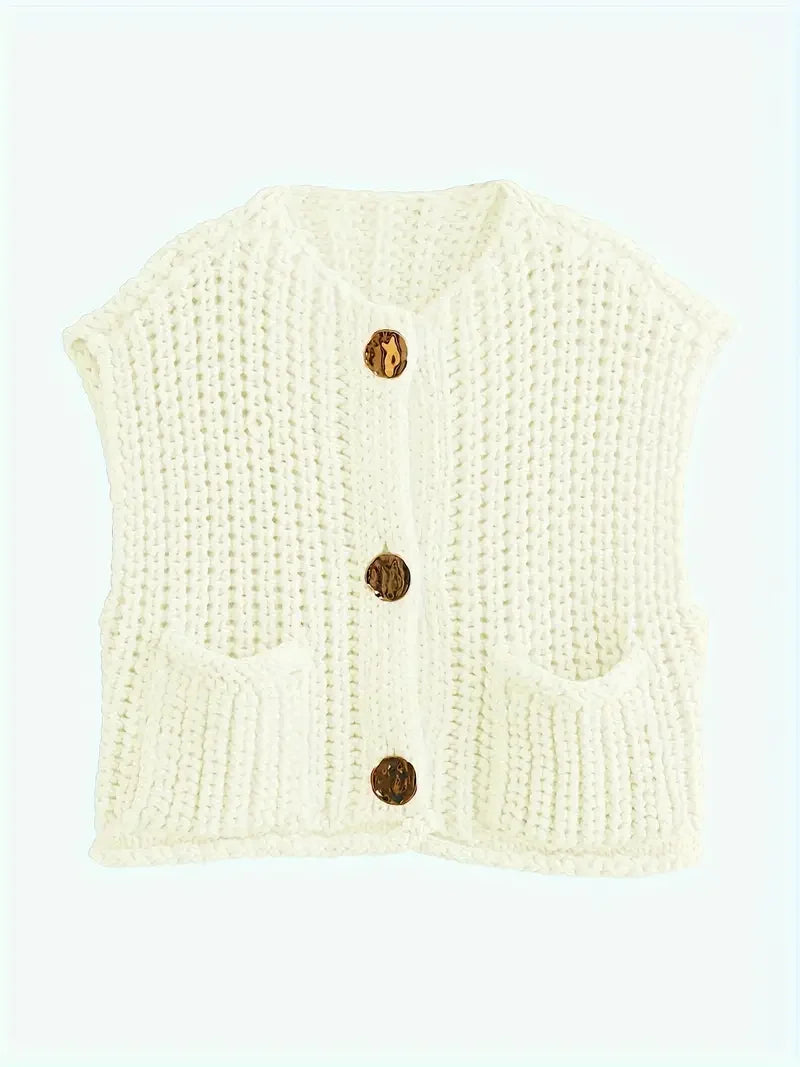 Pocket Sleeveless Short Knitted Cardigan Vest - LA FEMME WANDERER