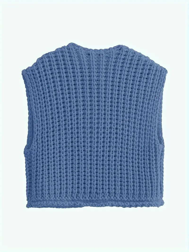 Pocket Sleeveless Short Knitted Cardigan Vest - LA FEMME WANDERER