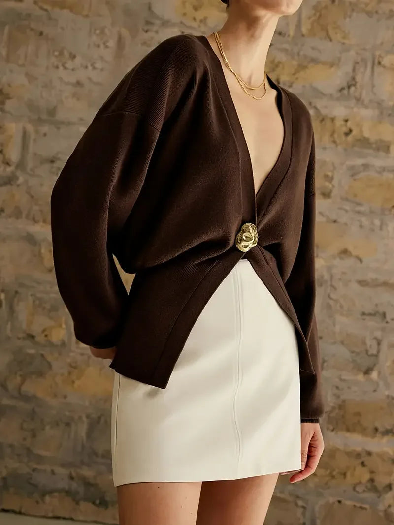 One Button Long Sleeve Waist-controlled Top - LA FEMME WANDERER