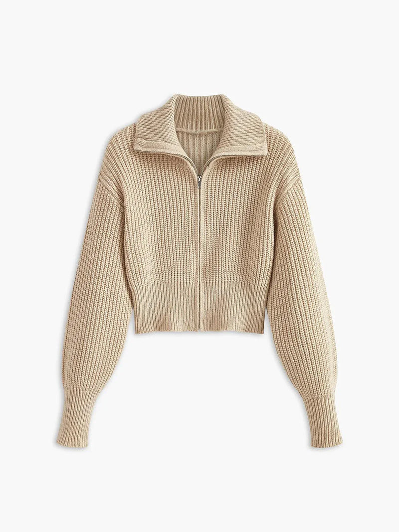 Gerippter Cardigan mit Reißverschluss und Revers