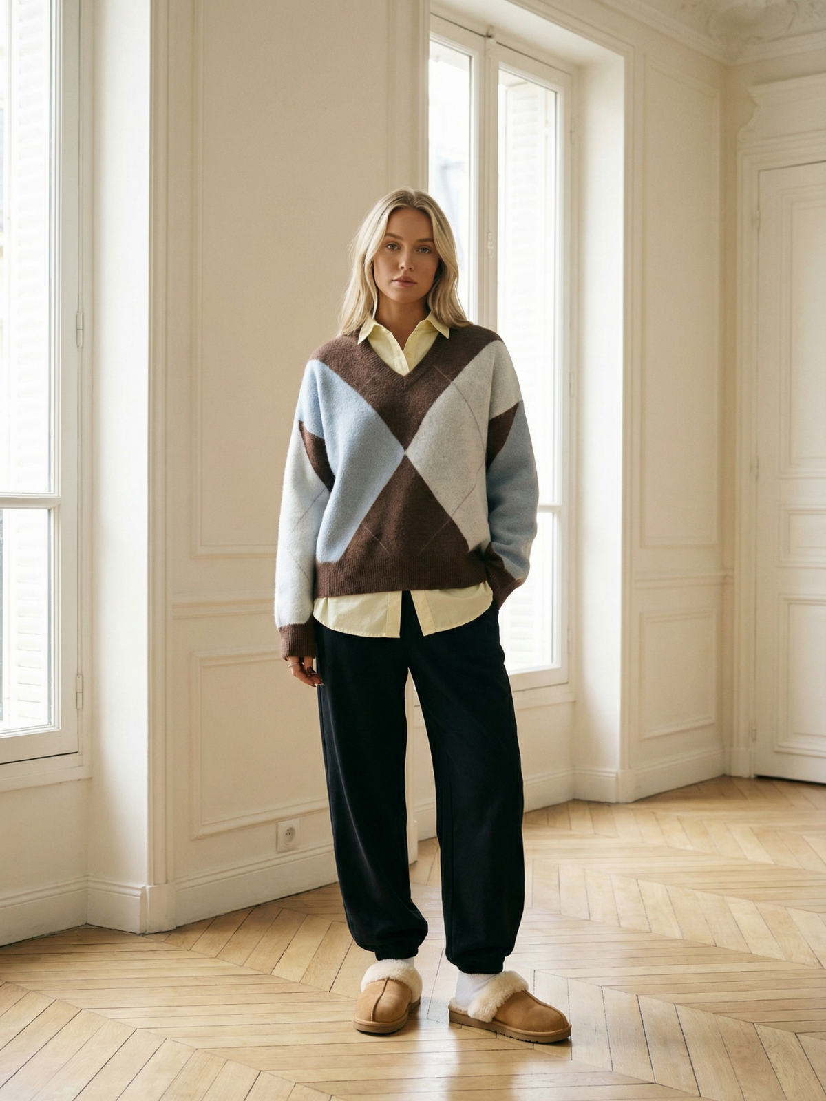 Diamond Grid Colorblock Knit Pullover