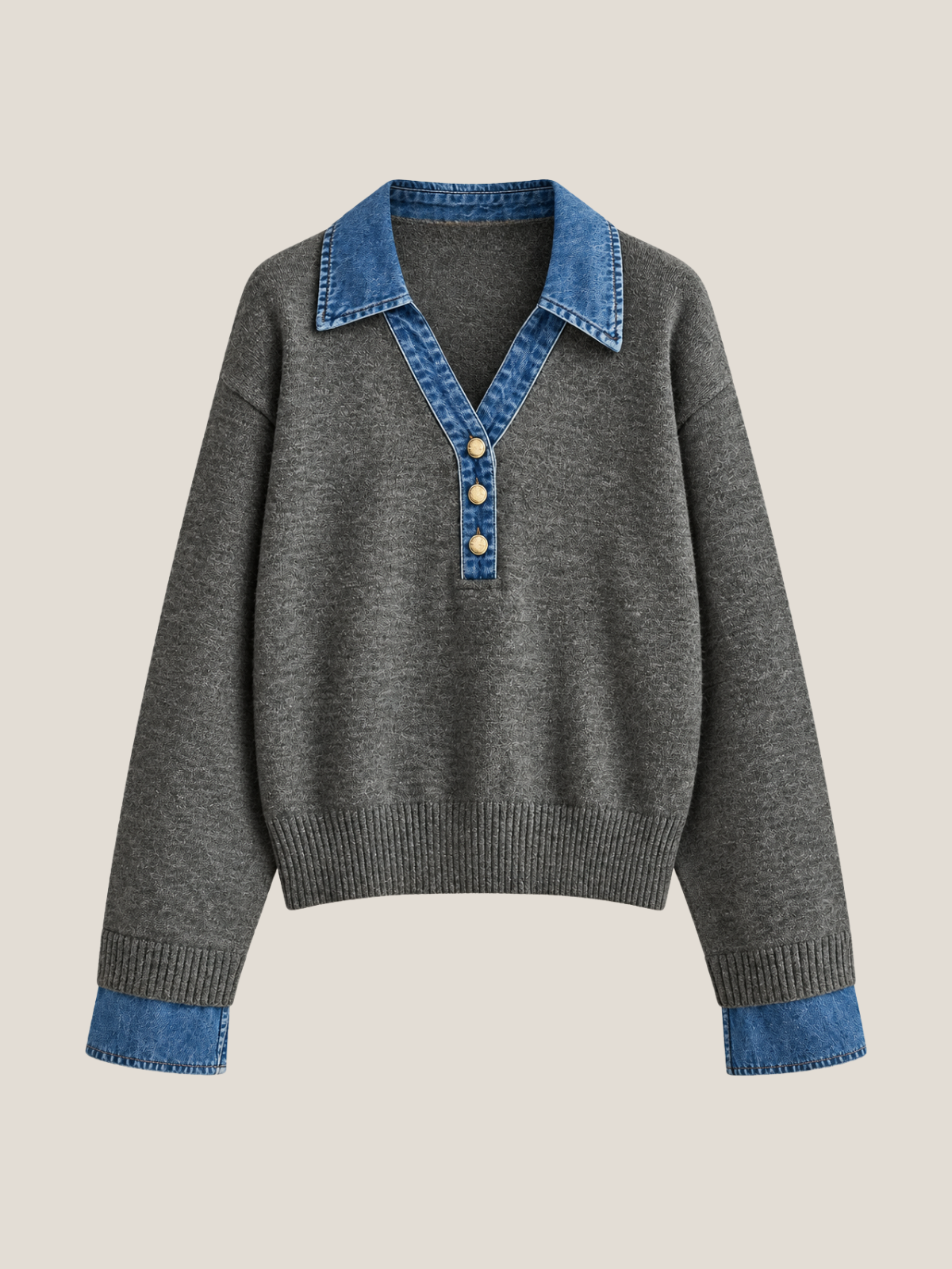Women’s Denim Collar Button-Placket Knit Sweater