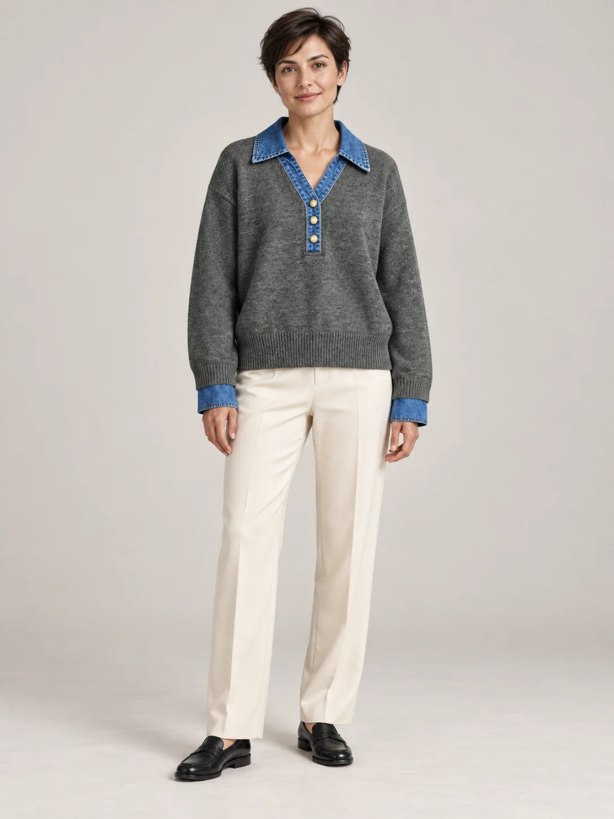 Women’s Denim Collar Button-Placket Knit Sweater