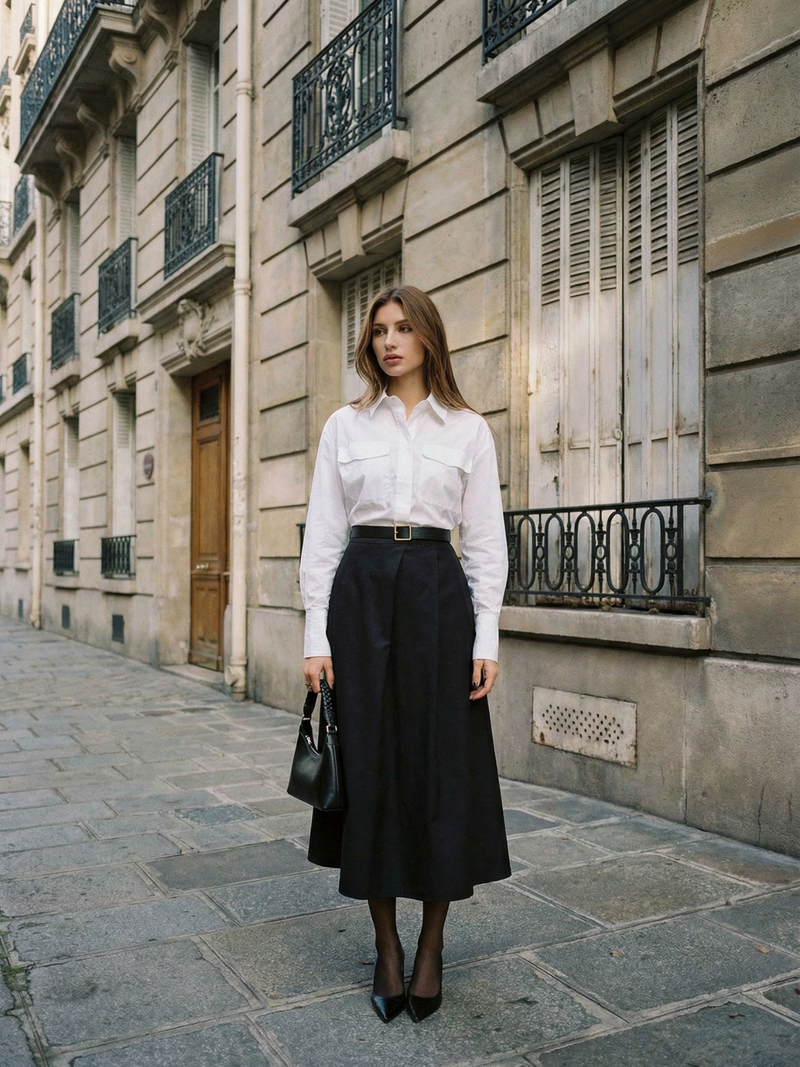 Schwarzer Maxirock mit Knopfleiste und Taschen vorne – elegante Business-Kleidung für Damen im Herbst, ideal fürs Büro