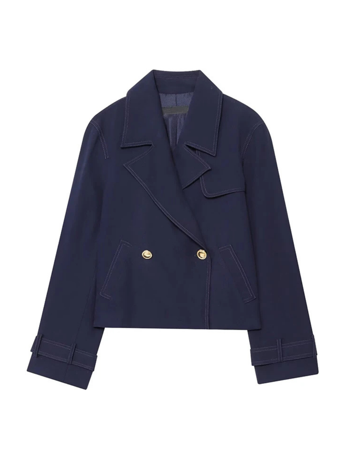 Navy Cropped Double Breasted Trench Jacket With Vintage Lapel Collar Long Sleeves