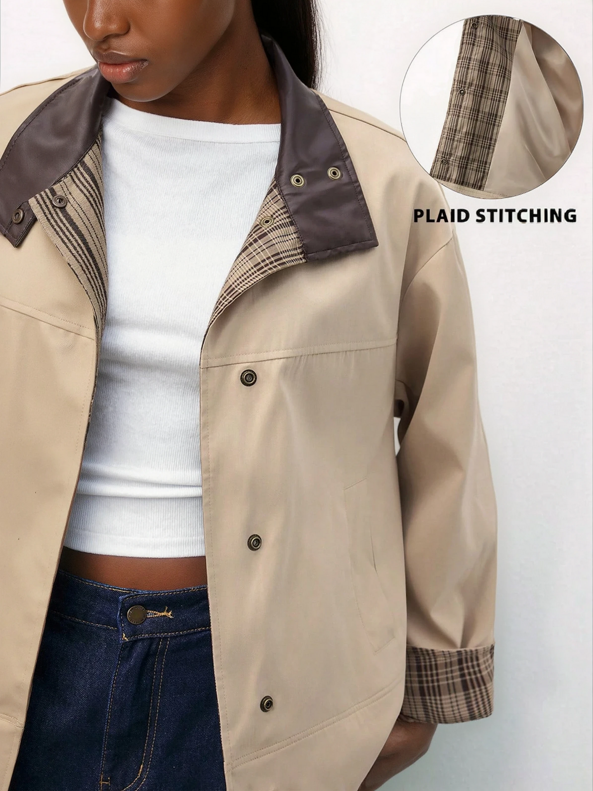 Brauner Blazer mit Karomuster und Patchworkärmeln sowie Lederkragen für Damen – ideal für den Winter und den Alltag