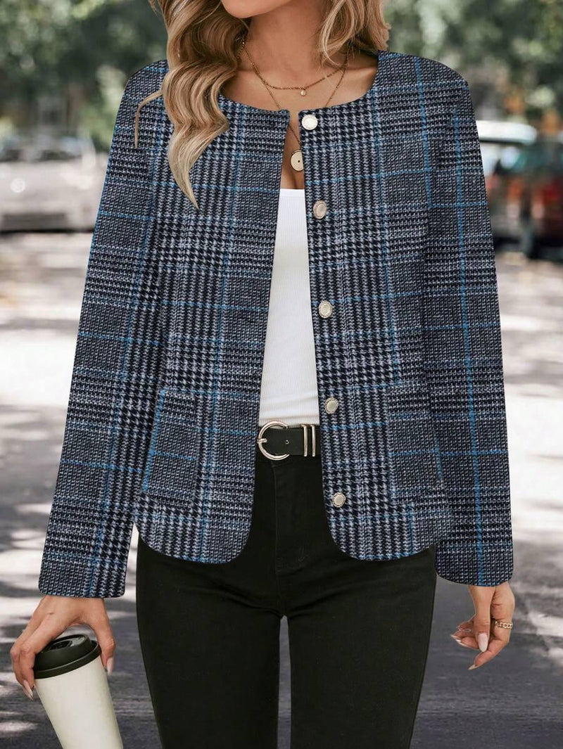 Plaid Woolen Jacket Round Neck Long Sleeve Unlined Warm