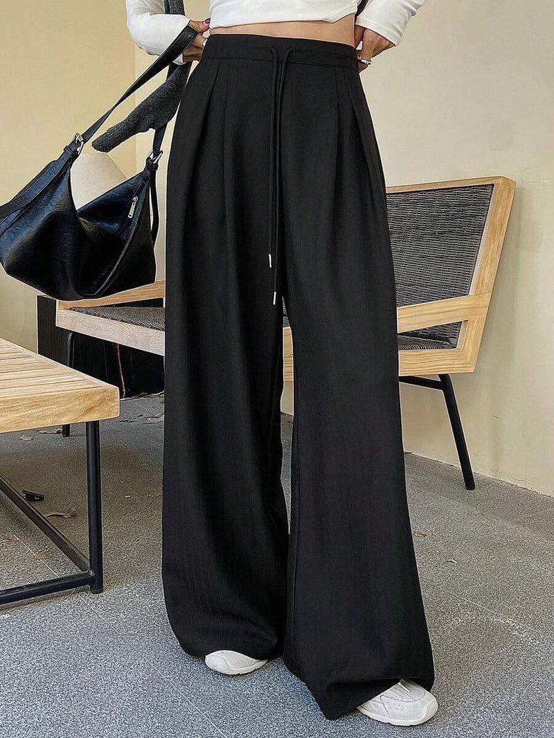 Minimalist Wide Leg Pants For Women Casual Solid Color Long Loose Mid Waist Trousers