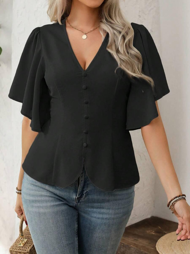 Plus Size Elegant V Neck Button Front Blouse Flared Sleeves