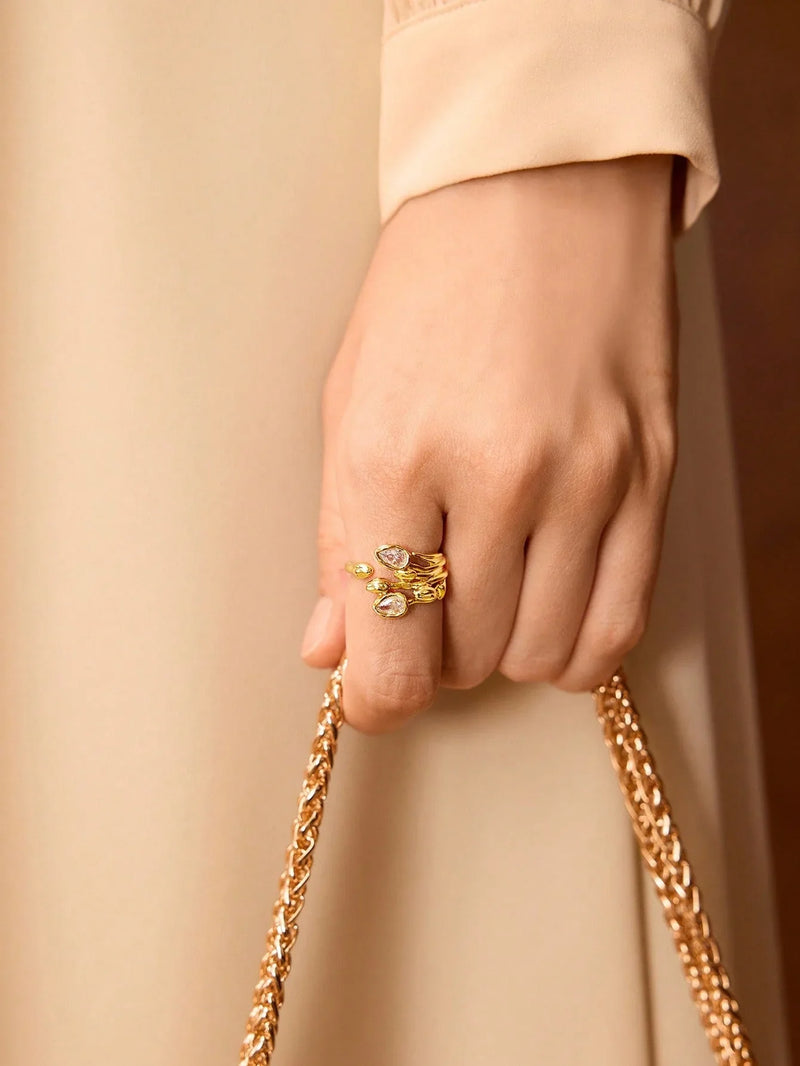 18 Karat vergoldeter Tulpenring mit Strasssteinen Glamour