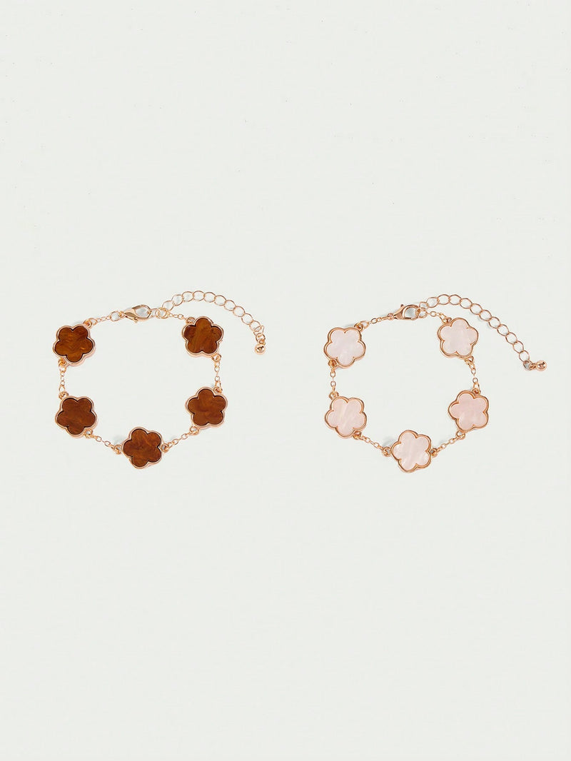 Five Leaf Clover Grace Dual Bracelet Set In White And Brown