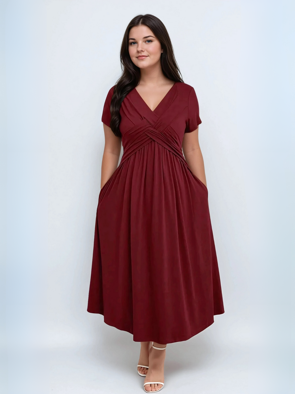Plus Size V Hals Sunddress mit Taschen Taille Taille