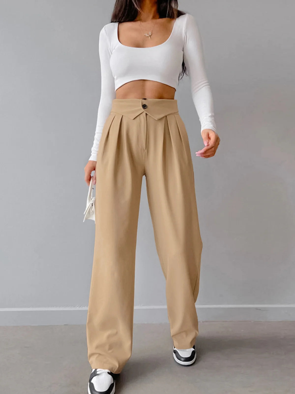 Street Fold Over Waistband Straight Leg Dress Pants - LA FEMME WANDERER