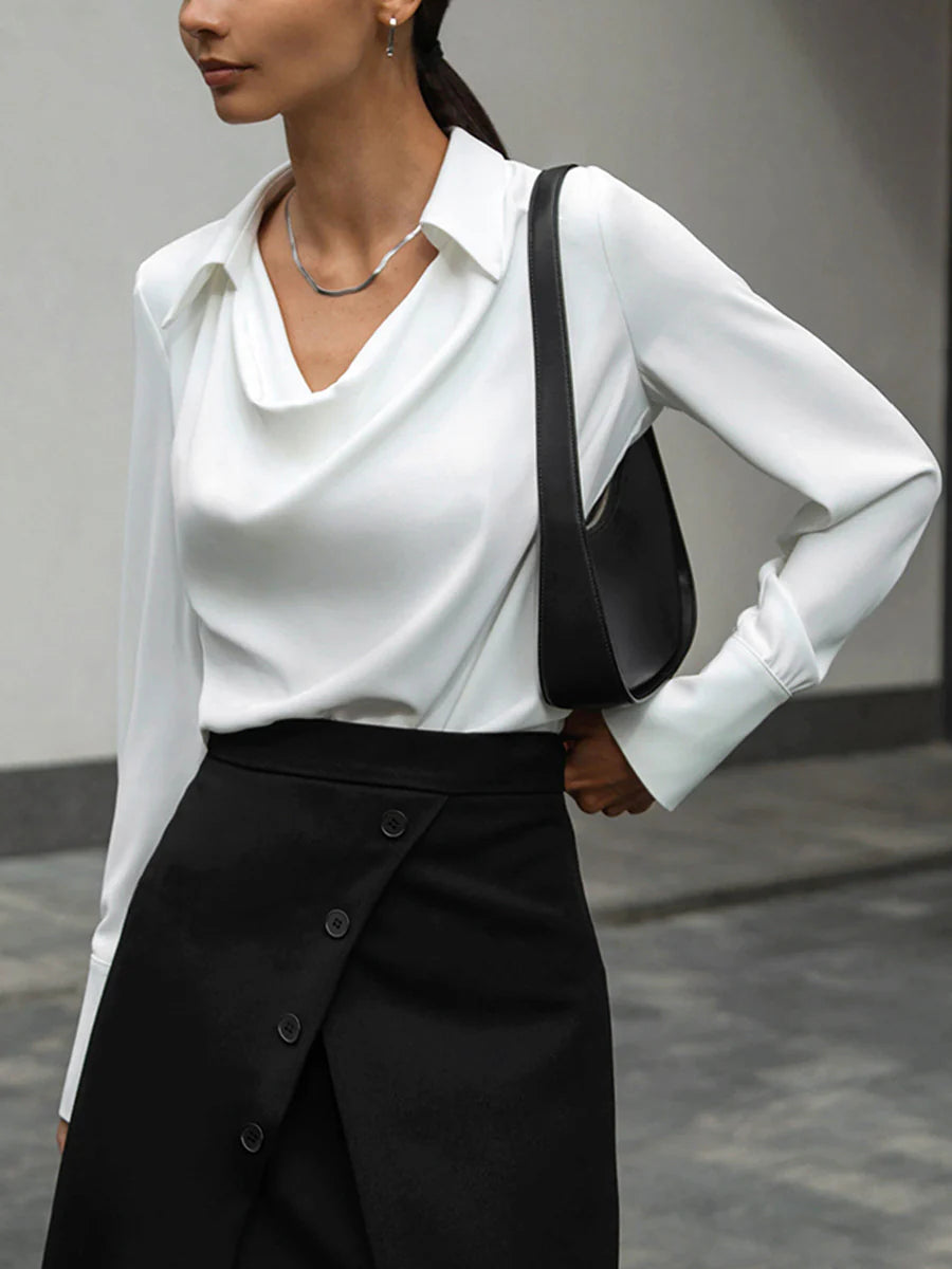 V-Neck Pleated Long Sleeve Blouse - LA FEMME WANDERER