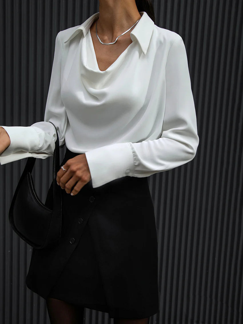 V-Neck Pleated Long Sleeve Blouse - LA FEMME WANDERER