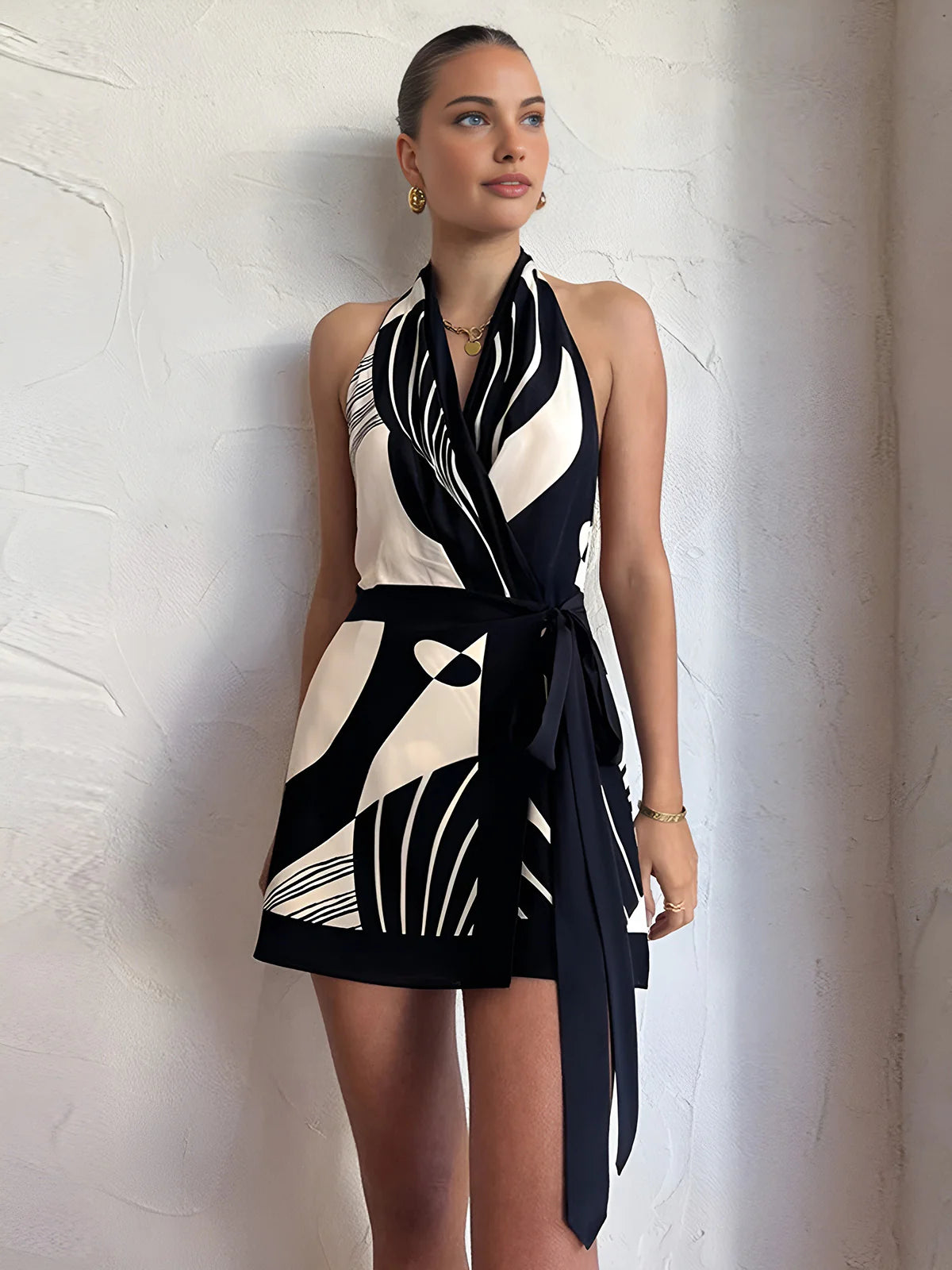 Print Halter Belted Short Dress - LA FEMME WANDERER