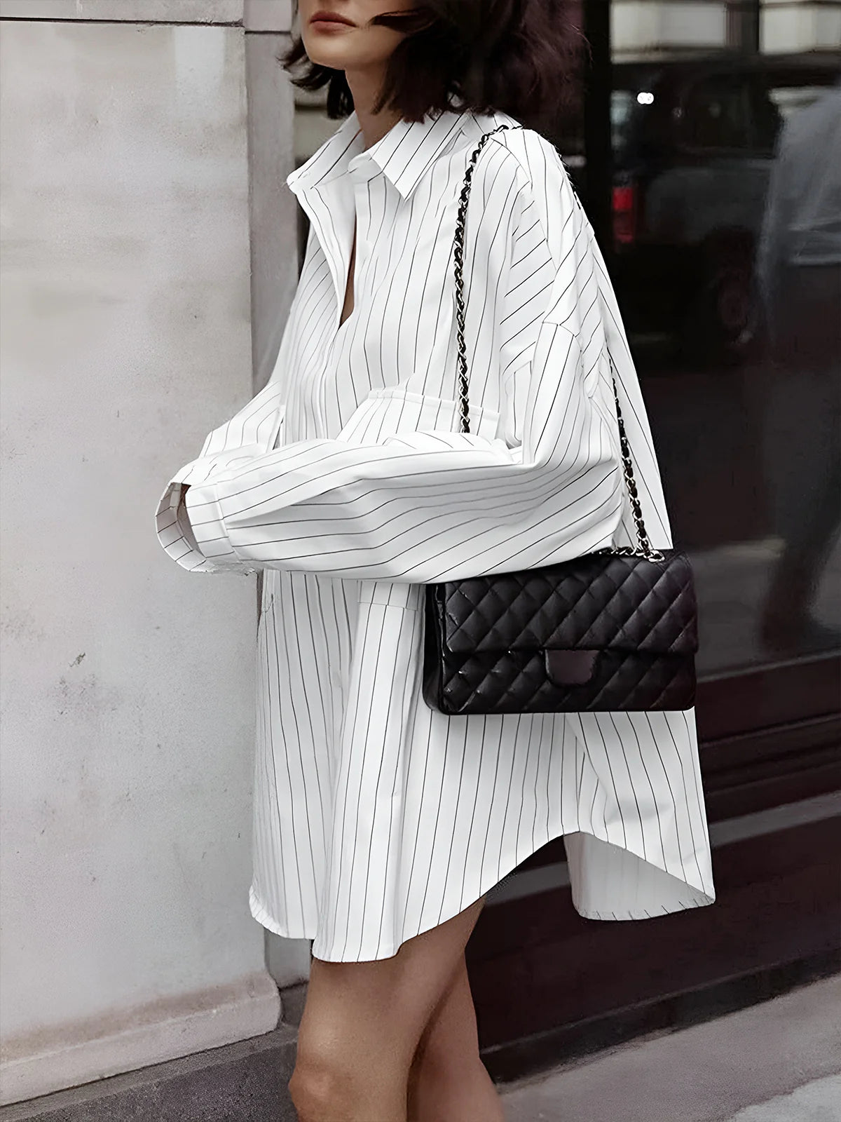 Striped Large Pockets Long Sleeve Shirt - LA FEMME WANDERER