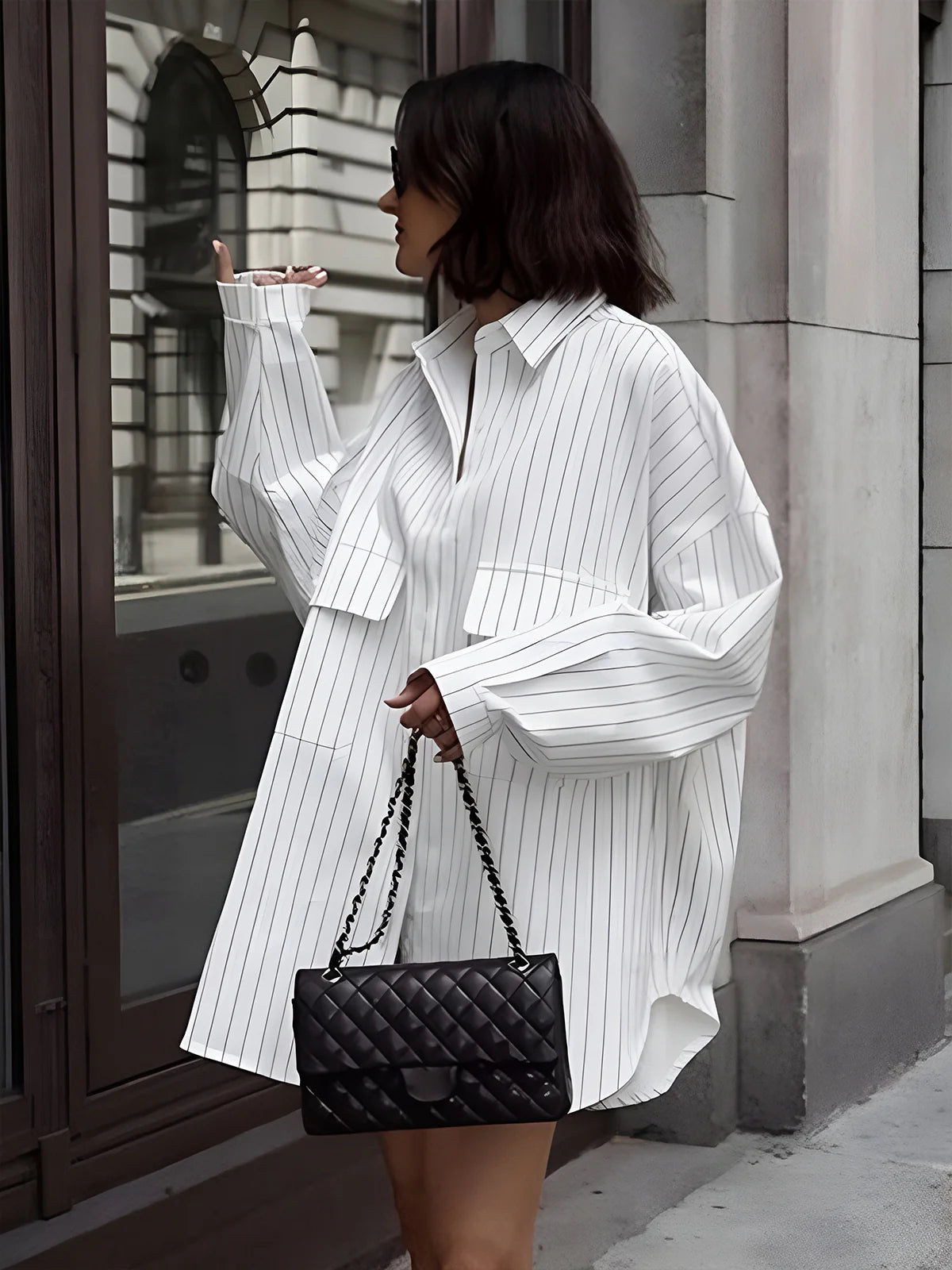 Striped Large Pockets Long Sleeve Shirt - LA FEMME WANDERER