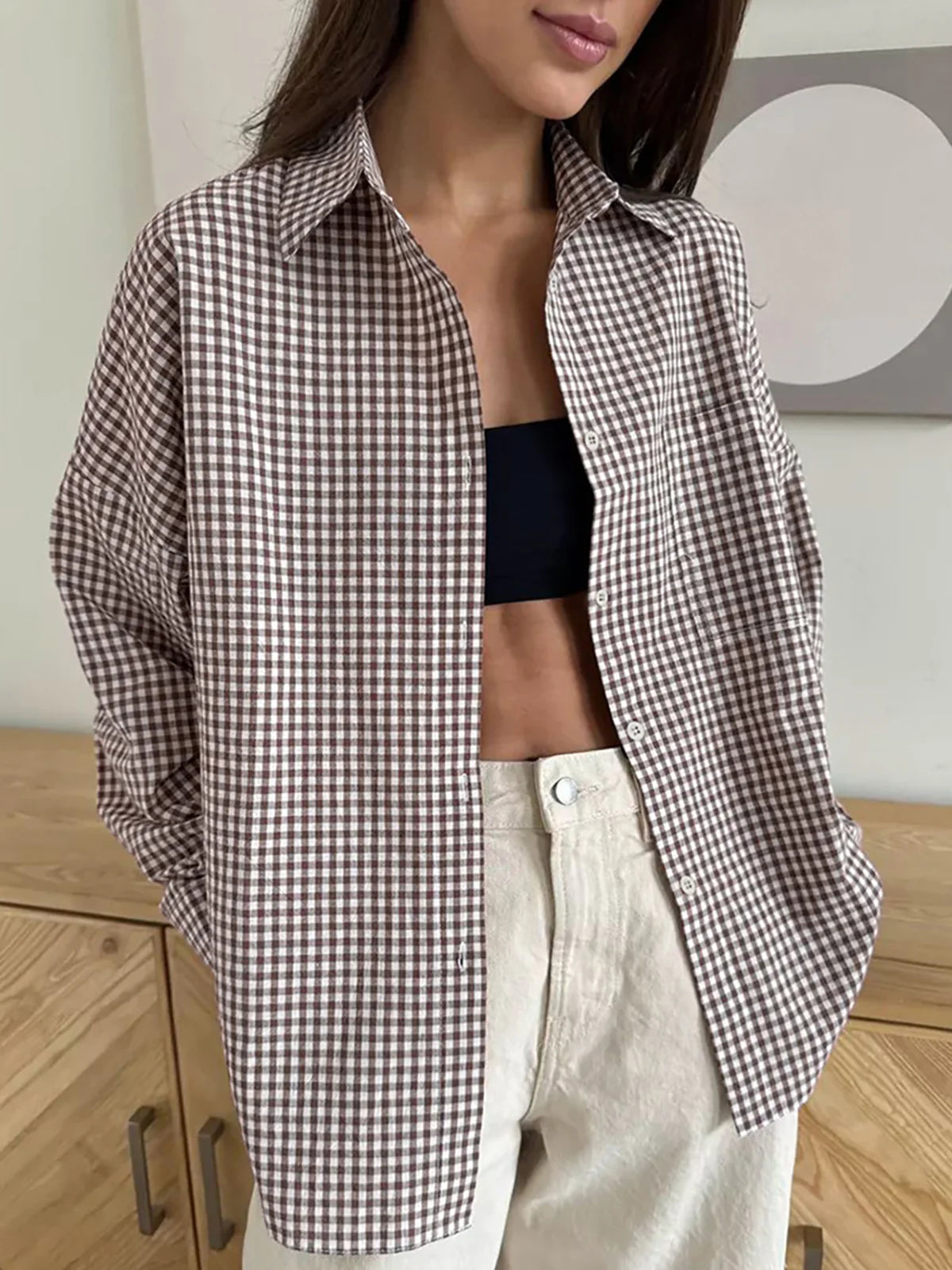 Cotton Plaid Lapel Versatile Shirt - LA FEMME WANDERER