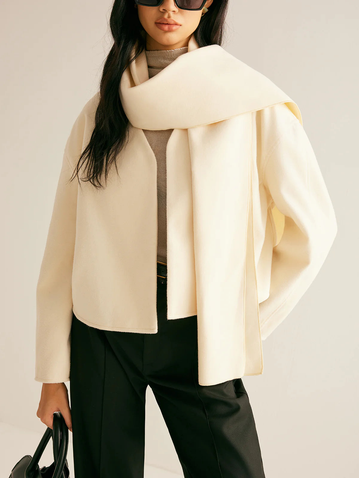 Plain Short Coat With Scarf - LA FEMME WANDERER