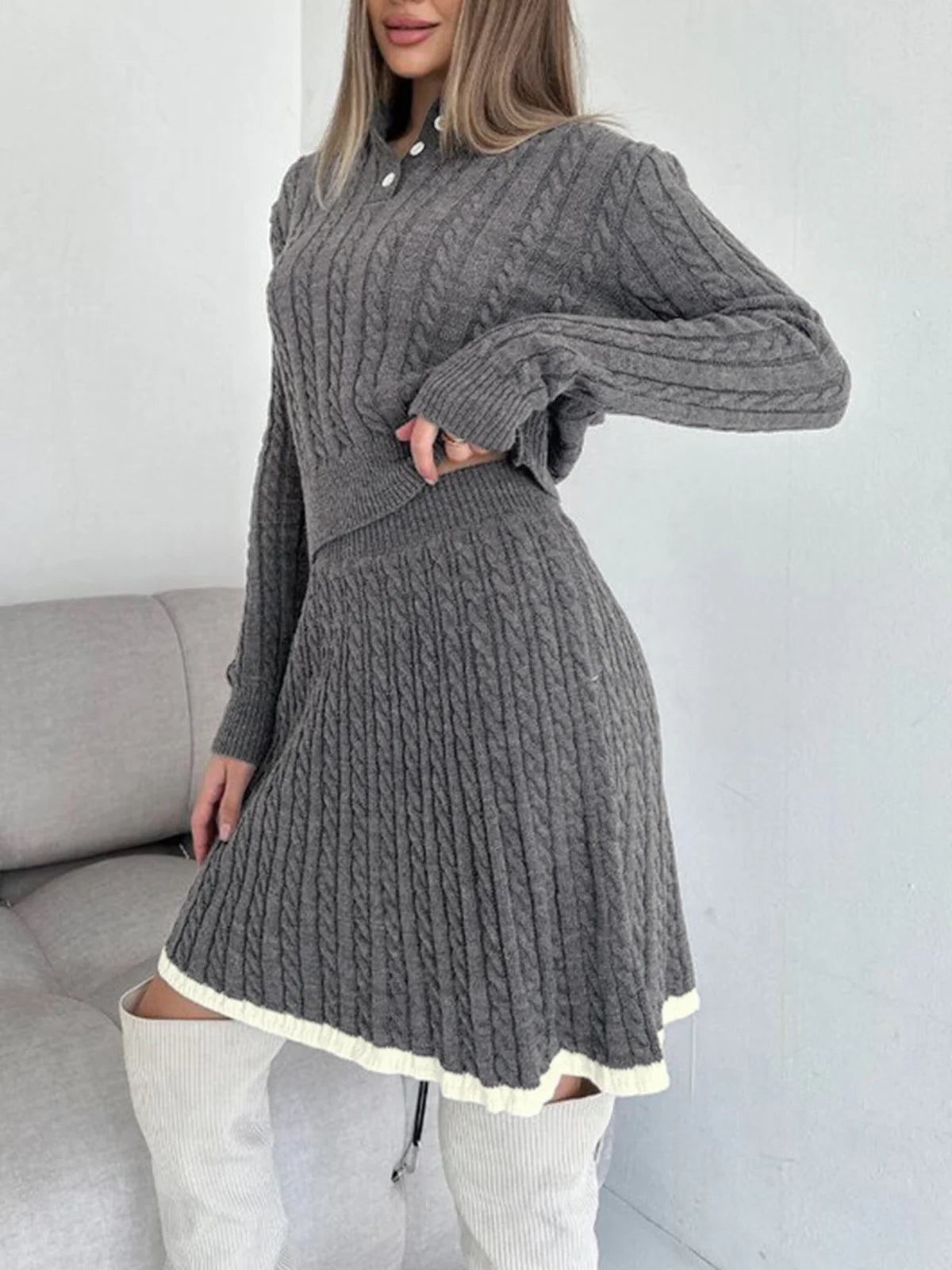 Contrast Trim Cable-Knit Lapel Skirt Set - LA FEMME WANDERER