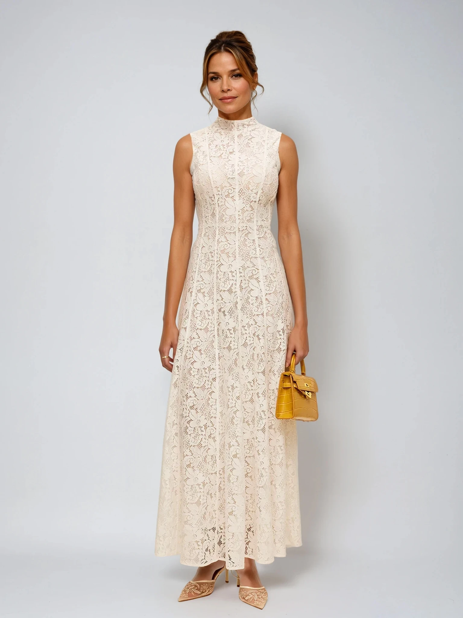 Half Turtleneck Sleeveless Semi-Sheer Lace Dress - LA FEMME WANDERER