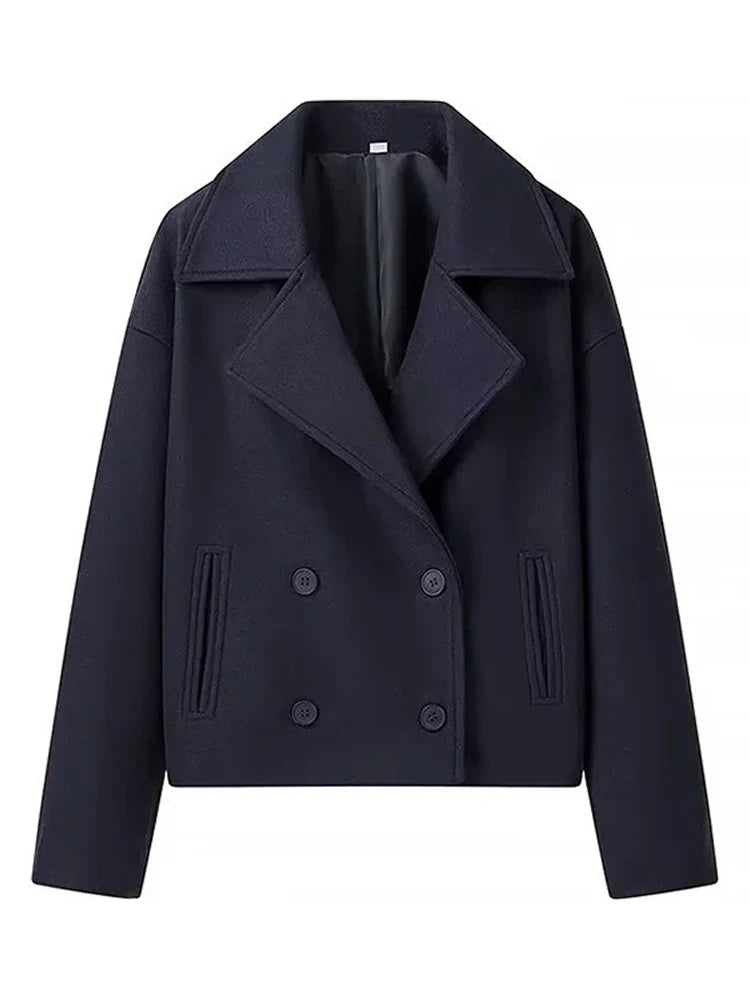 Wool Blend Lapel Double Breasted Long Sleeve Coat - LA FEMME WANDERER