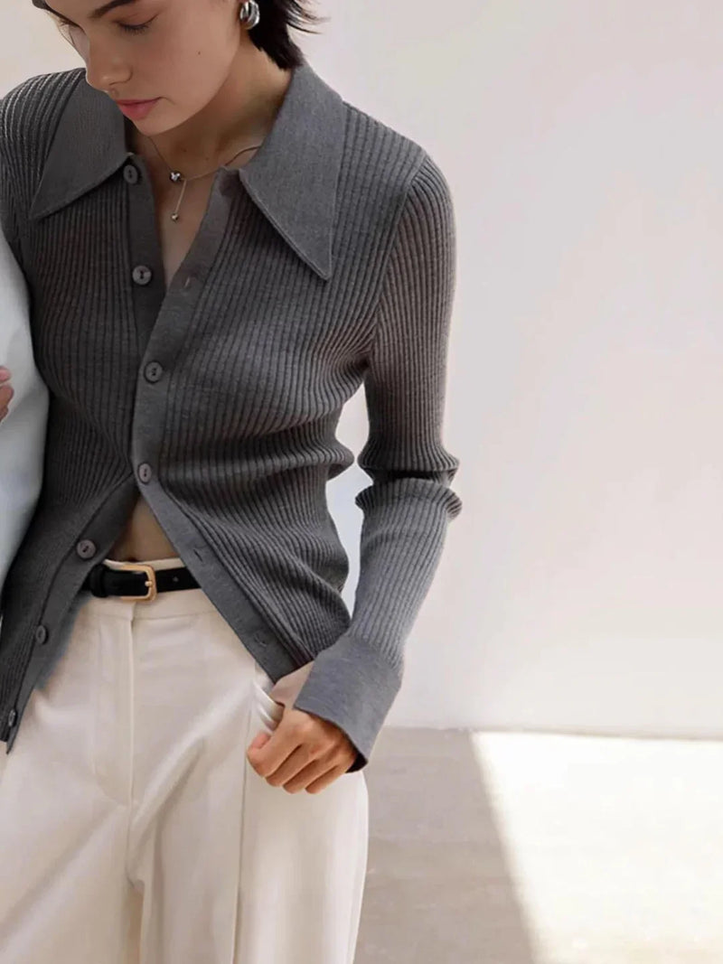 Oldmoney Style Ribbed Lapel Slim Cardigan