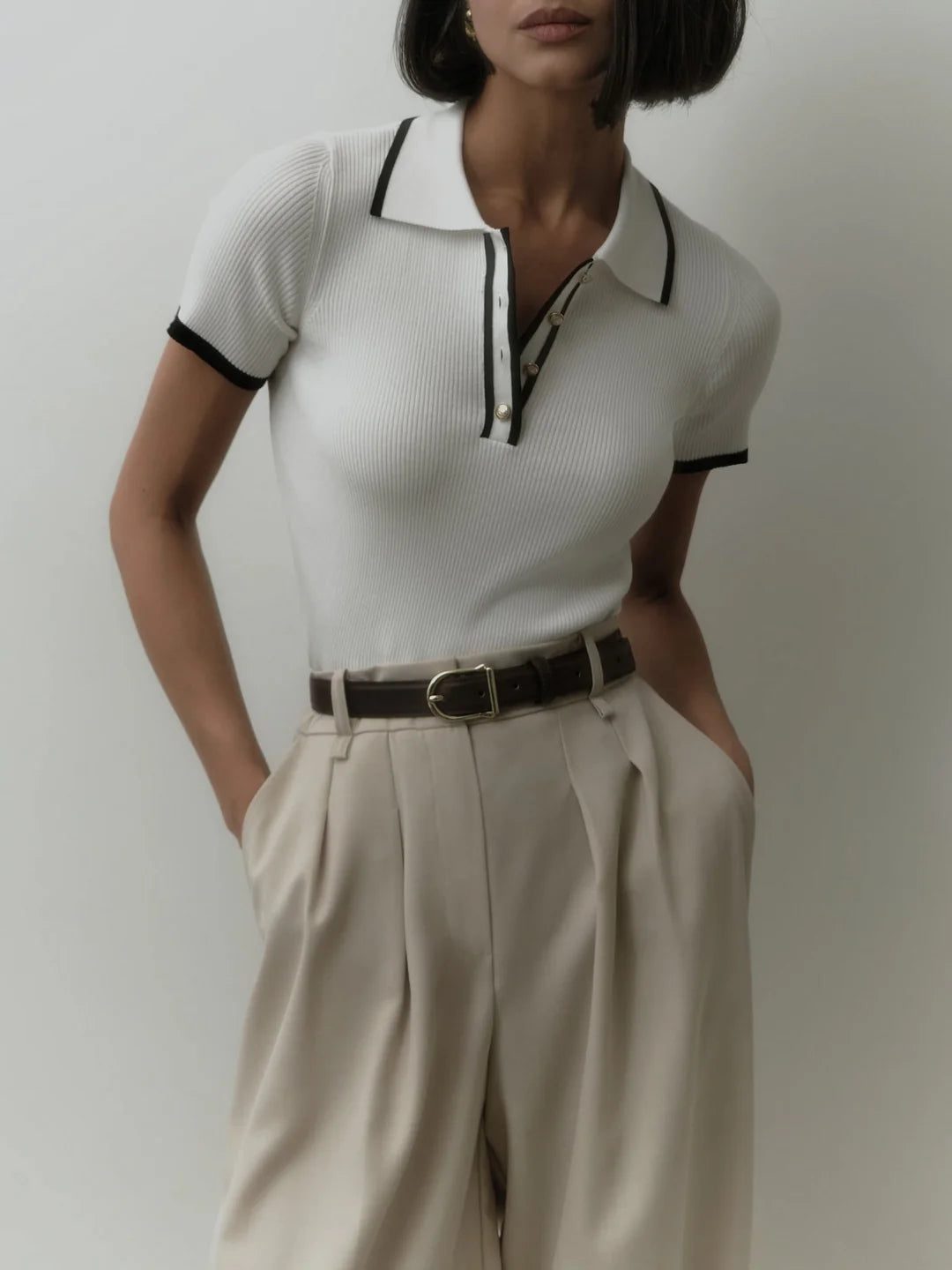 Contrast Trim Metal Button Knit Top - LA FEMME WANDERER