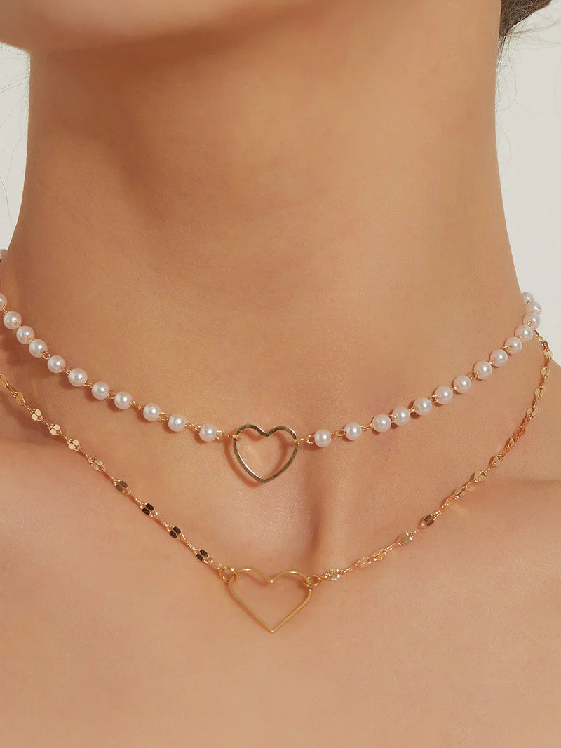 Layered Pearl Heart Charm Necklace