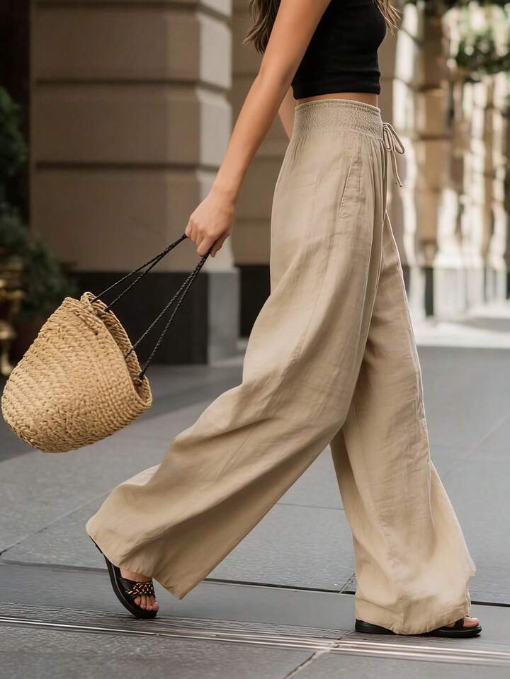 Casual Style Elastic Waist Wide Leg Pants