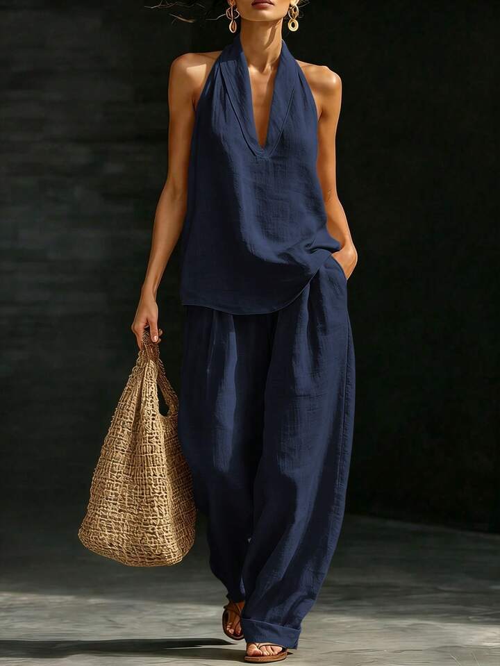 Elegant Style Halter Top & Wide-Leg Pants Co-Ord