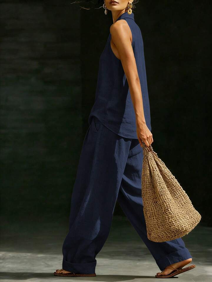 Elegant Style Halter Top & Wide-Leg Pants Co-Ord