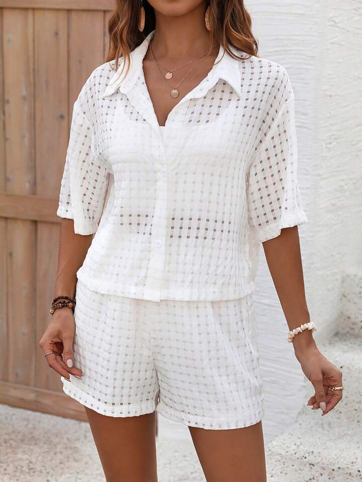 Textured Button-Up Shirt & Drawstring Shorts Co-Ord for Effortless Summer Style