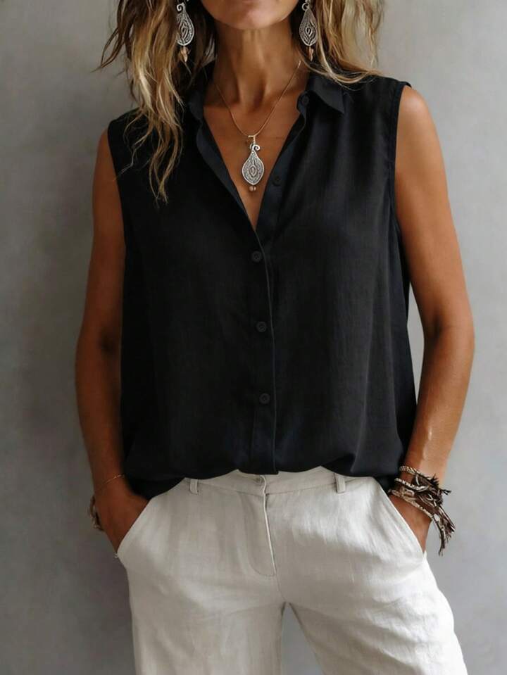 Quiet Luxury Button-Up Top – Minimalist Sleeveless Blouse for Timeless Wardrobe Staples