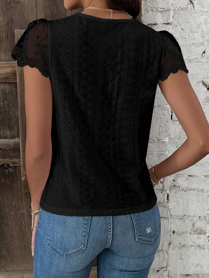 Romantic Short Sleeve Top with Feminine Embroidered Accents