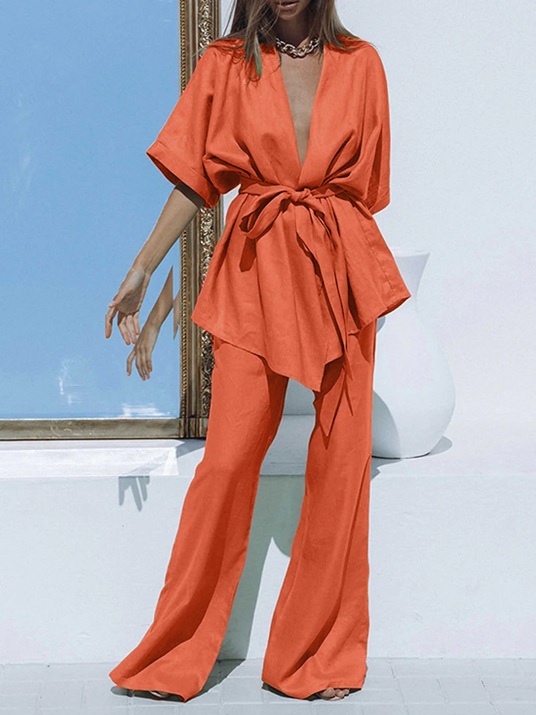 Belt Design Oversized Linen Tied Two Piece Pants Set - LA FEMME WANDERER
