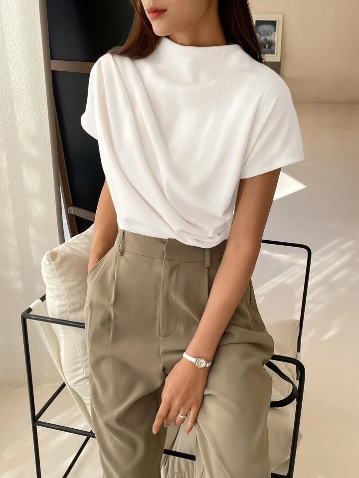 Casual Chic Solid Color Funnel Neck Blouse - LA FEMME WANDERER