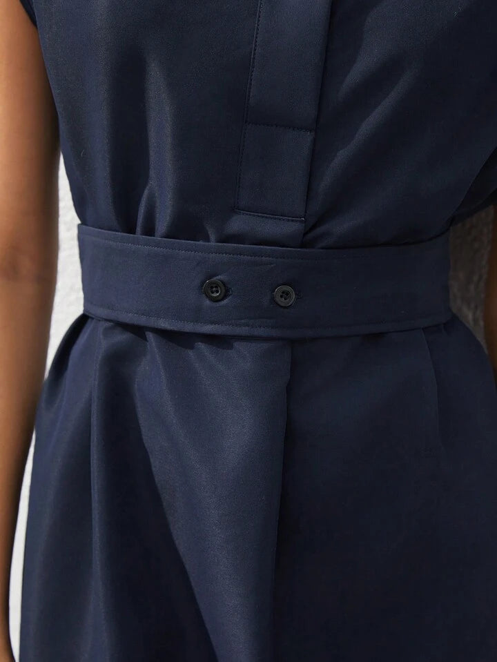 Refined Chic Navy Blue Midi Dress - LA FEMME WANDERER