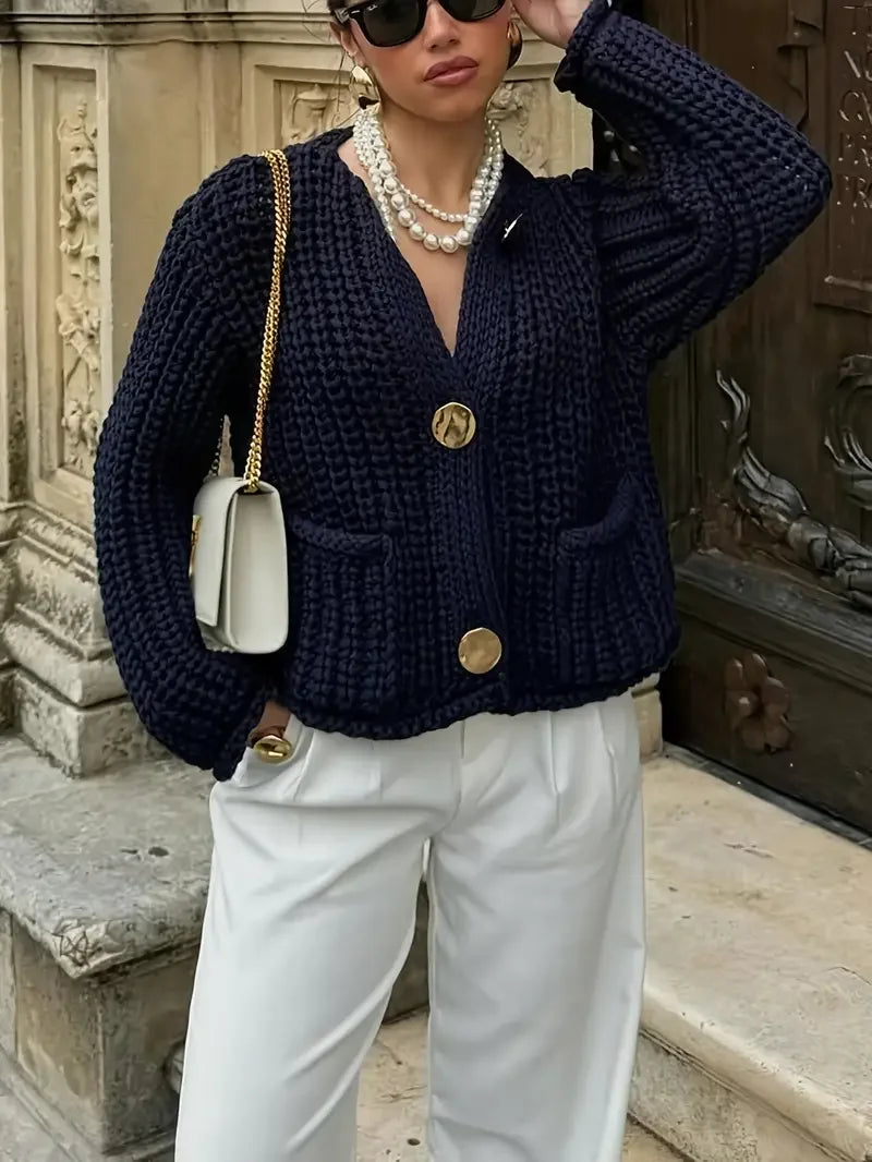 Marineblaue elegante Strickjacke mit Hohlsaum